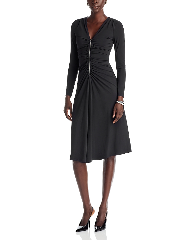 Michael Kors Michael Zip Front Ruched Midi Dress In Black