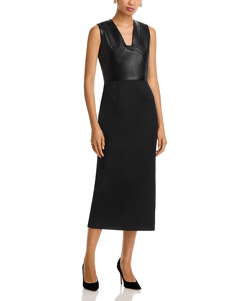 Hugo Boss Drumialda Leather & Wool Midi Dress In Black