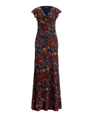 Floral Clipped Jacquard Cowlneck Gown