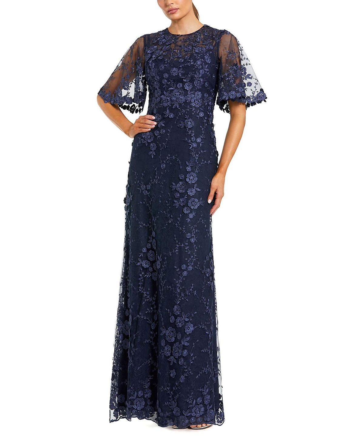 Mac Duggal Flutter Sleeve Floral Emboridered Net Gown