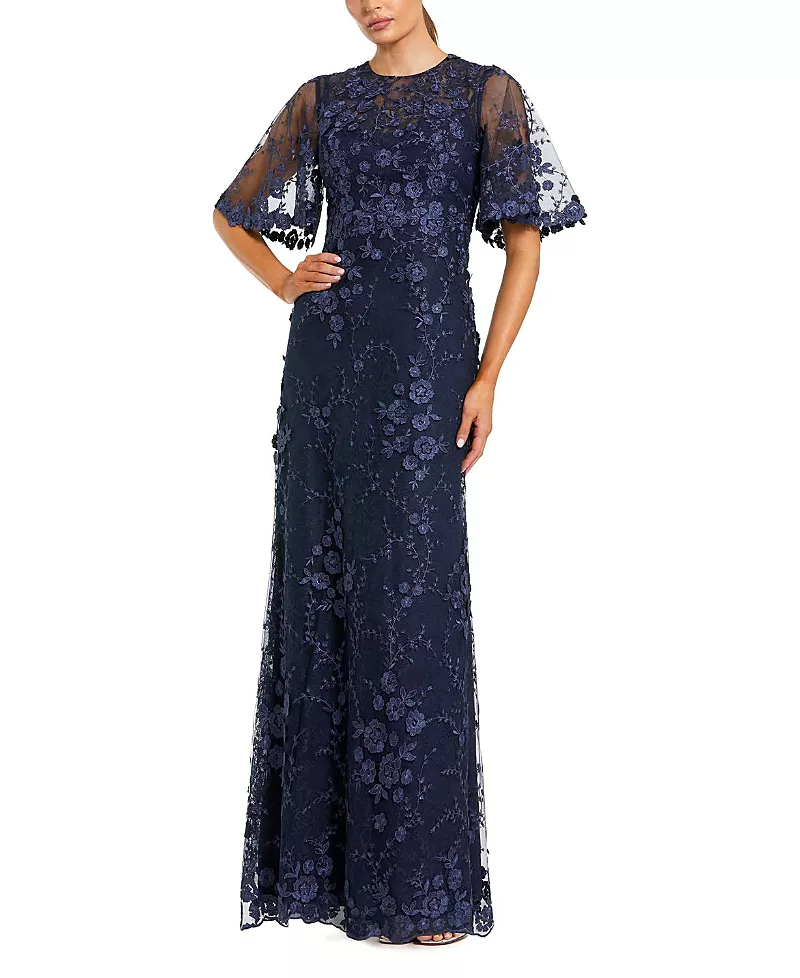Mac Duggal Flutter Sleeve Floral Emboridered Net Gown