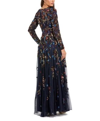 Beaded Mesh Long Sleeve High Neck A Line Gown