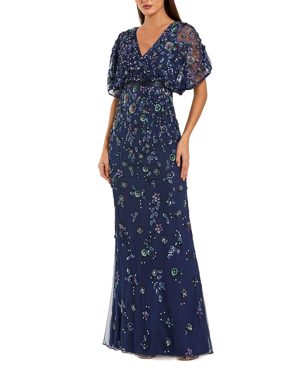 Mac Duggal Floral Embellished Short Sleeve Blouson Gown