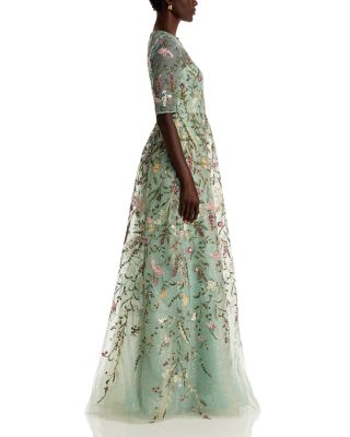 Floral Embroidered Tulle Elbow Sleeve Gown  
