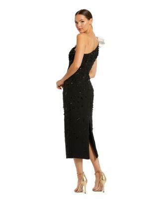  Beaded Crepe One Shoulder Midi Dress with Bow