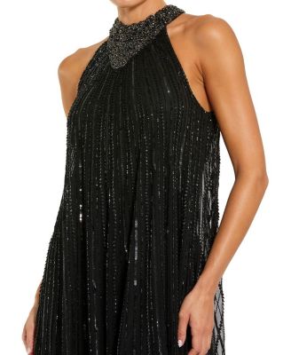  Sleeveless Halter Neck Embellished Trapeze Gown