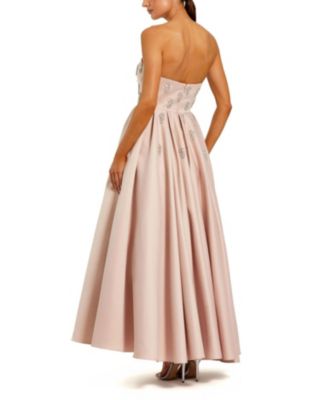 Crystal Embellished Strapless Satin A-Line Dress