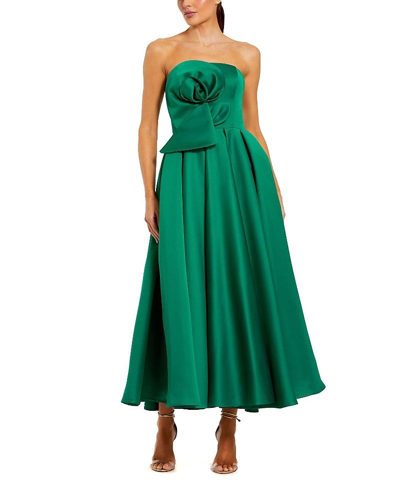 Mac Duggal Strapless Satin A Line Midi Dress With 3d Flower In Multi