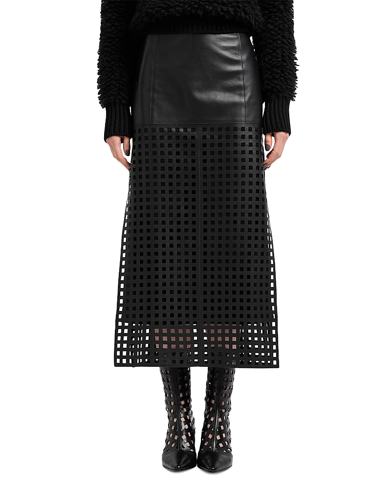 Emporio Armani Polygon Capsule Collection Midi Skirt In Vegetable-tanned Nappa Leather With Laser-cut Perforations In Black