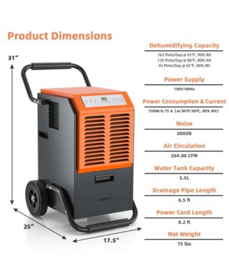  163 PPD Portable Commercial Dehumidifier w/Water Tank&Drainage Pipe for Basement