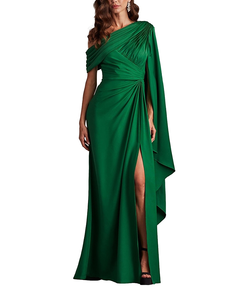 Tadashi Shoji Pleated One-shoulder Cape Gown In Green