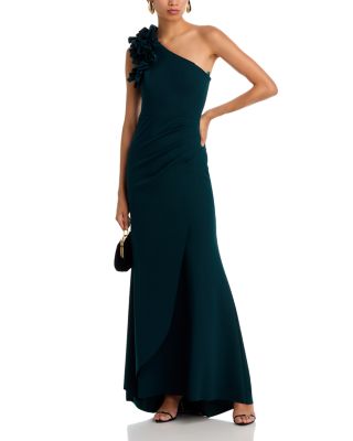 One Shoulder Ruffle Crepe Gown - Exclusive