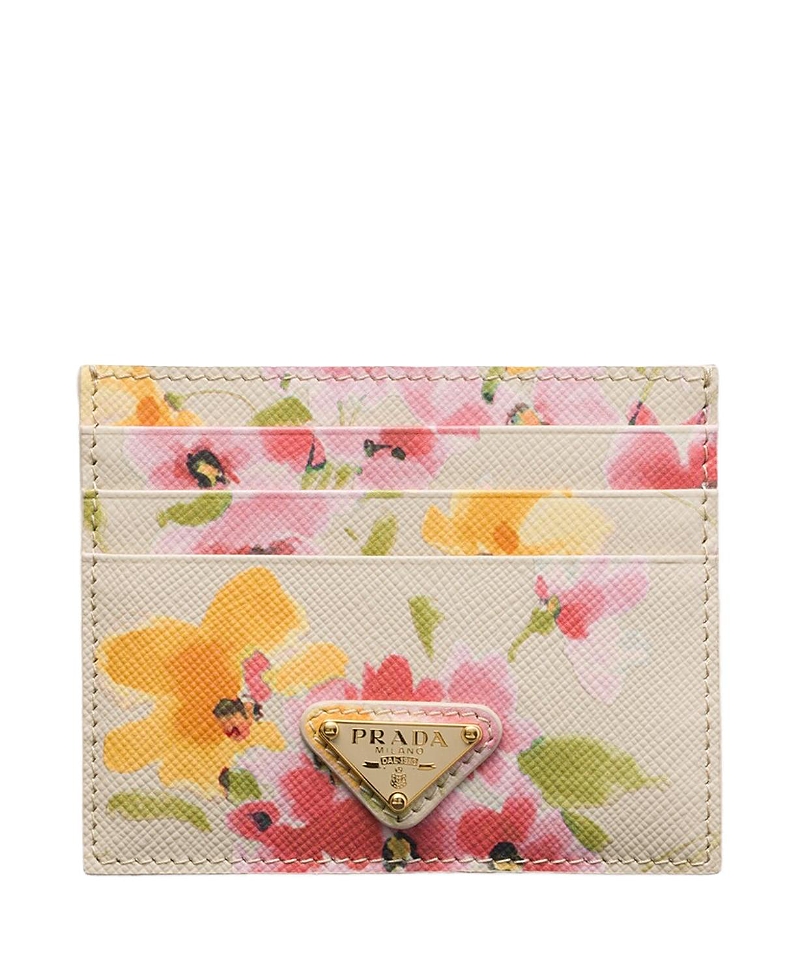 Prada Womens Neutral Floral Print Saffiano Leather Card Holder In Neutral