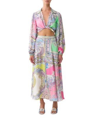 Paneled Flared Long Silk Skirt