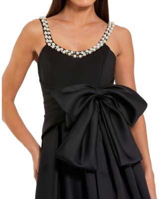 Satin With Pearl Neckline and Bow Detail Gown