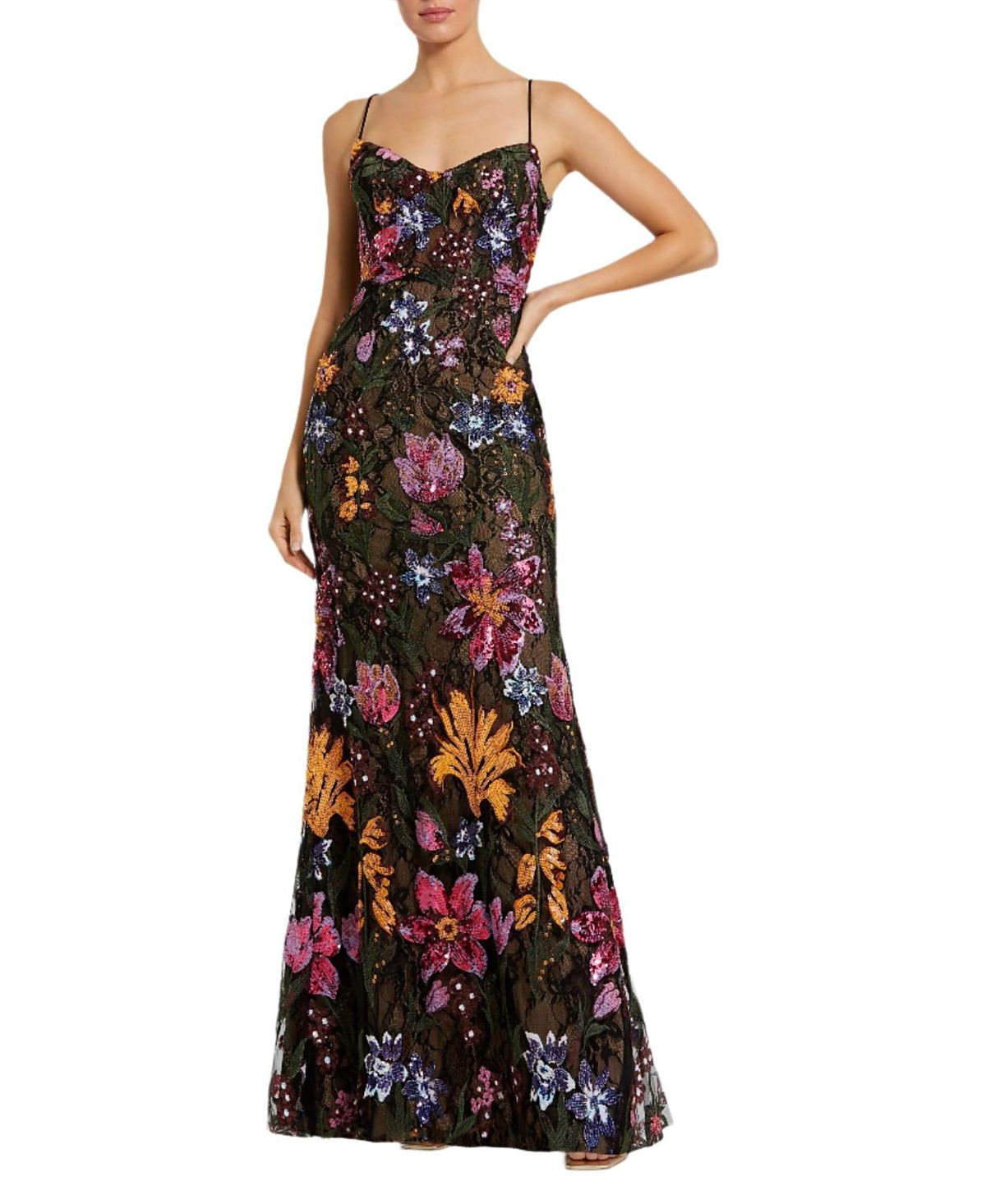 Mac Duggal Spaghetti Strap Floral Embroidered Gown