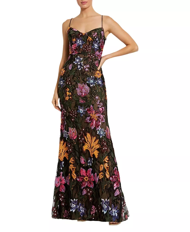 Mac Duggal Spaghetti Strap Floral Embroidered Gown