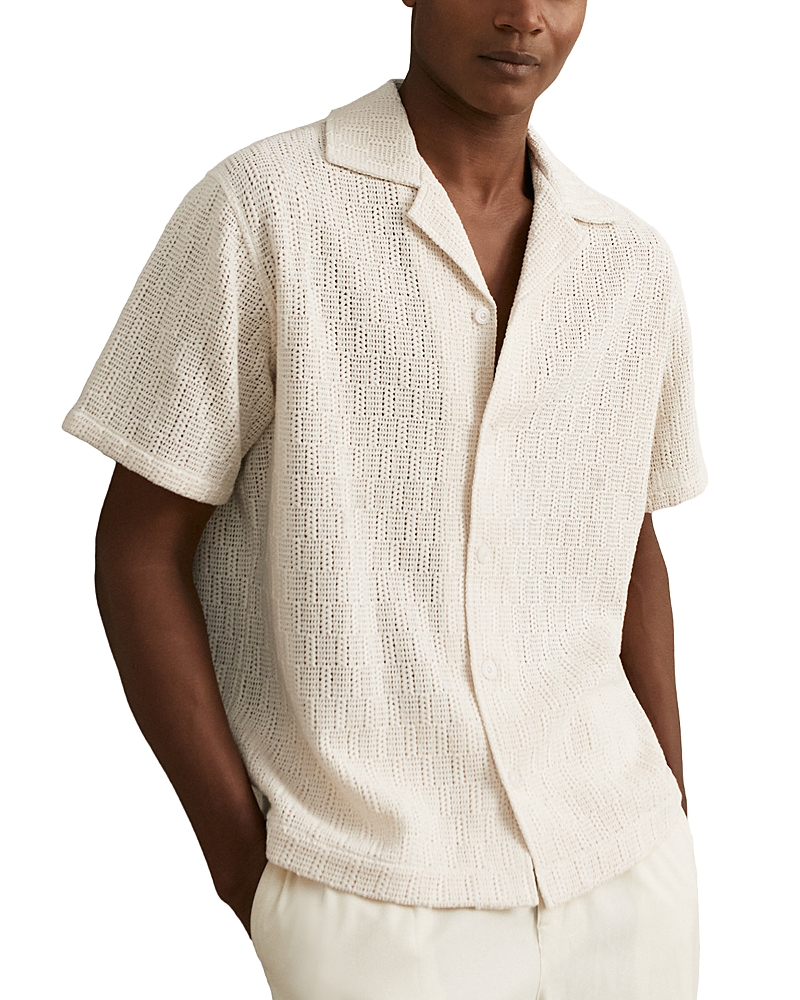Reiss Leon Crochet Regular Fit Button Down Short Sleeve Cuba Shirt In White