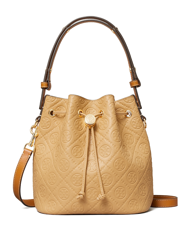 Tory Burch T Monogram Debossed Pebble Leather Bucket Bag In Brown