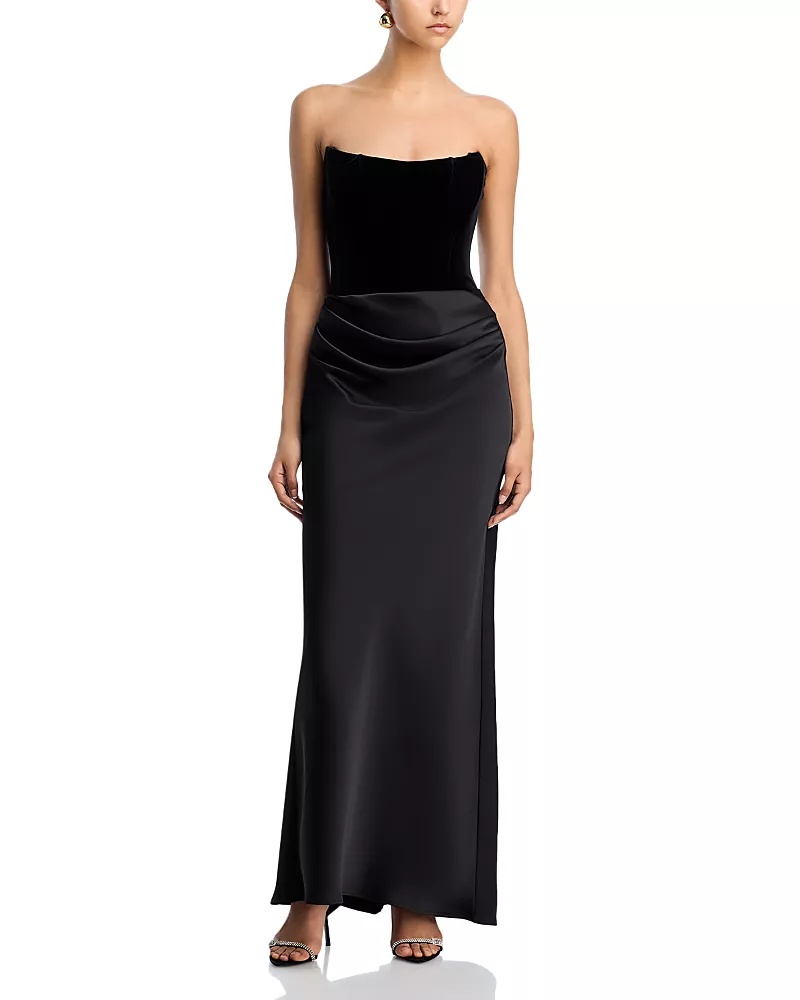 Aqua Strapless Velvet Bodice Gown - Exclusive