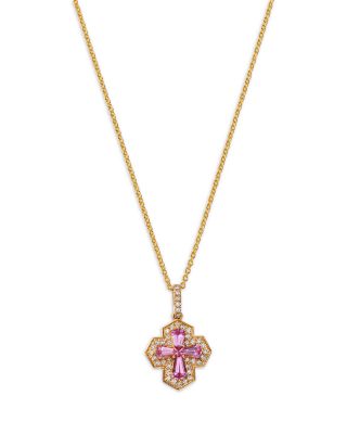 Pink Sapphire & Diamond Square Cross Pendant Necklace in 14K Yellow Gold, 16-18"