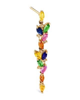 Rainbow Sapphire, Tsavorite & Diamond Linear Drop Earrings in 14K Yellow Gold