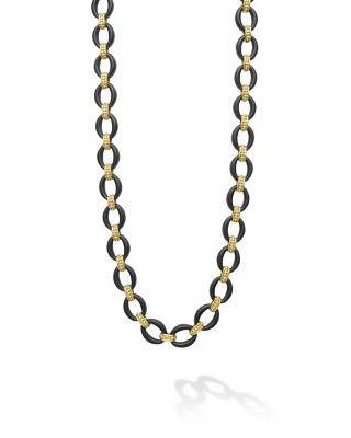 18K Gold Matte Black Ceramic Oval Link Necklace, 20-22"