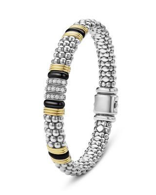 18K Yellow Gold & Sterling Silver Black Caviar Diamond & Black Ceramic Station Bracelet