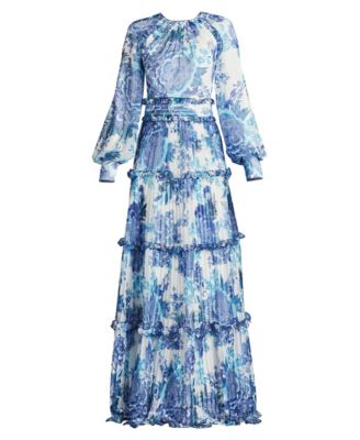  Atlas Pleated Floral Print Gown
