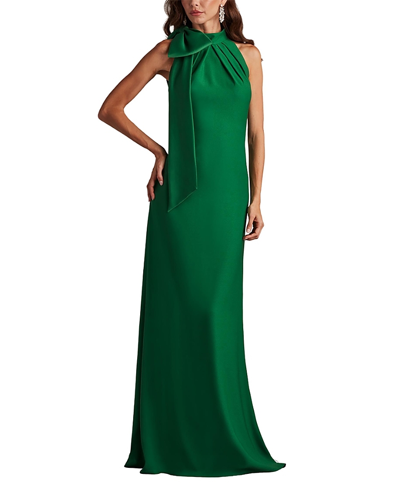 Tadashi Shoji Sims Shoulder Bow Halter Gown In Green