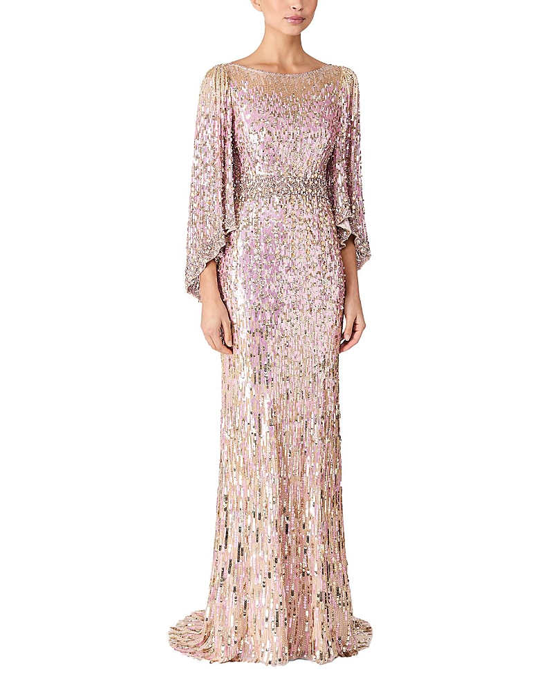 Jenny Packham Ines Crystal Sequined Flare-sleeve Gown In Pink