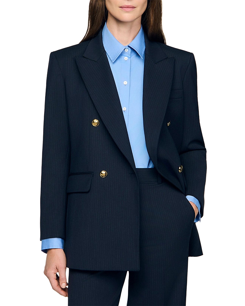 Sandro Womens Navy Blue Pinstripe Long-sleeve Wool-blend Blazer In Blue