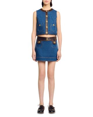 Leather Trim Denim Vest
