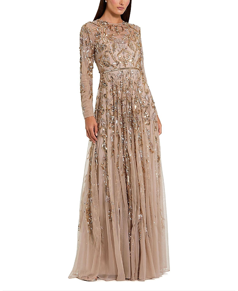 Mac Duggal Long Sleeve Hand Embellished Gown In Brown