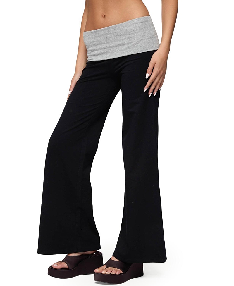 Edikted Wide Leg Contrast Fold Over Pants In Black