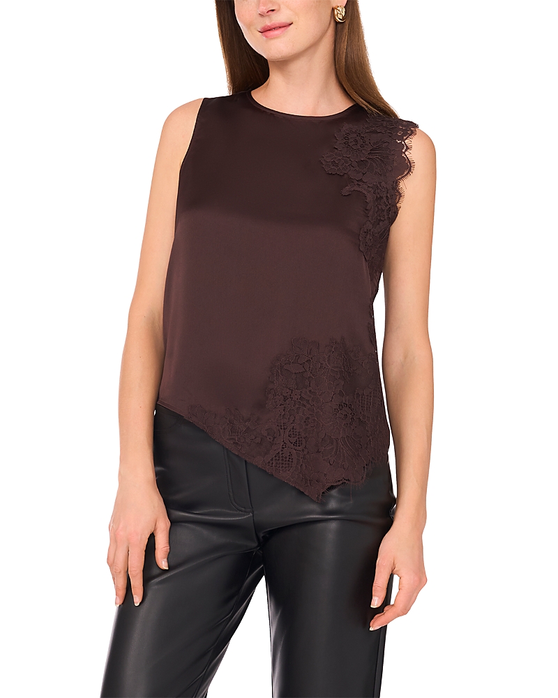 Vince Camuto Lace Detail Asymmetric Hem Satin Tank In Brown
