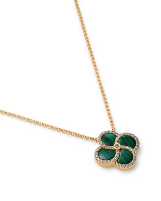 Malachite & Diamond Clover Pendant Necklace in 14K Yellow Gold, 16-18"