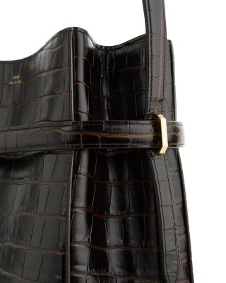 Belted Croc-Embossed Bucket Bag in Dark Brown