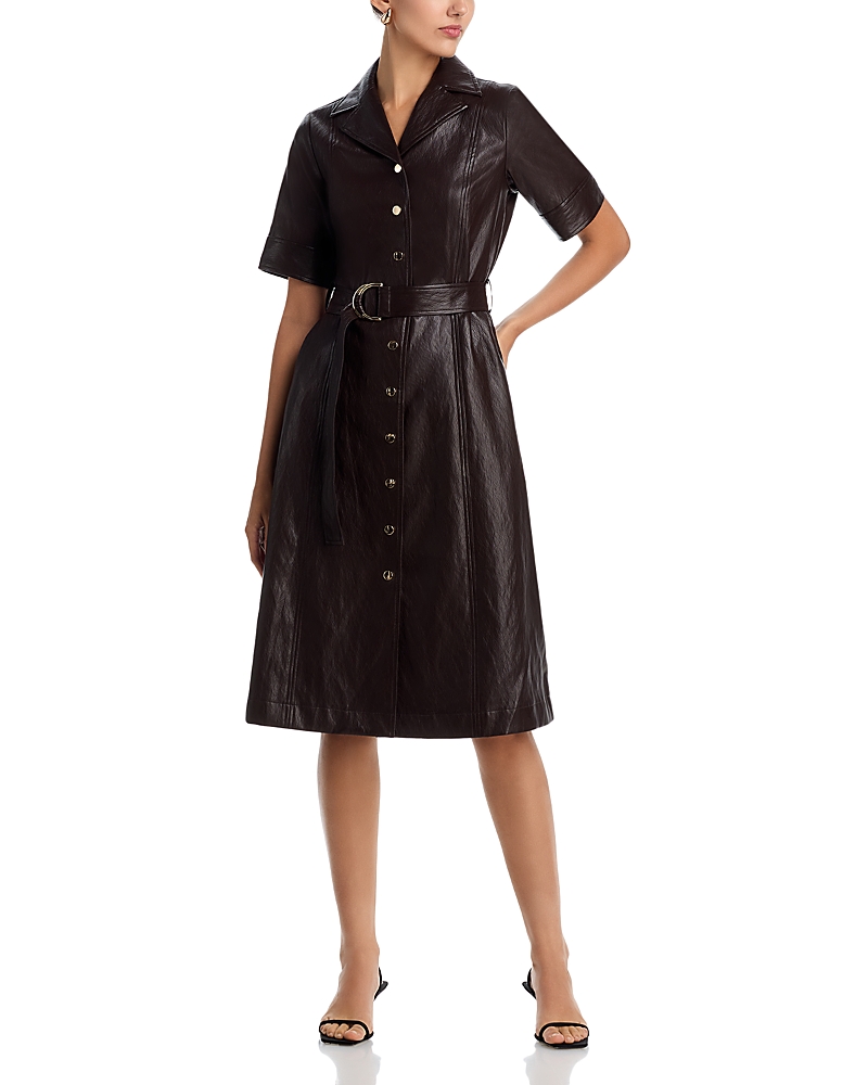 T Tahari Faux Leather Short Sleeve Button Down Fit & Flare Dress In Burgundy