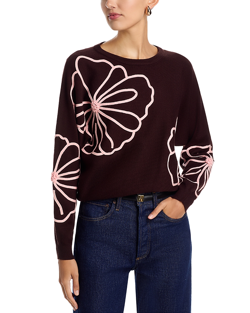 T Tahari Floral Embroidered Sweater In Brown