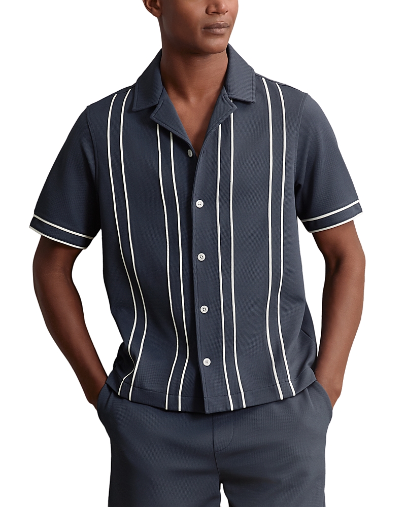 Reiss Airforce Blue Sander Piped-stripe Cuban-collar Shirt In Blue