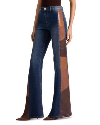 High Rise Faux Leather Patchwork Flare Jeans in Darby Vintage Blue