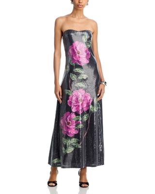 AQUA - Sequin Strapless Oversized Floral Midi Dress - Exclusive