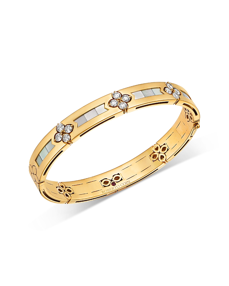 Roberto Coin 18k Yellow Gold Love In Verona Mother Of Pearl & Diamond Flower Bangle Bracelet In Gold