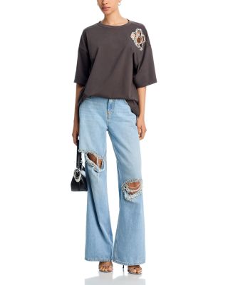 Distressed Crystal High Rise Relaxed Jeans in Medium Blue