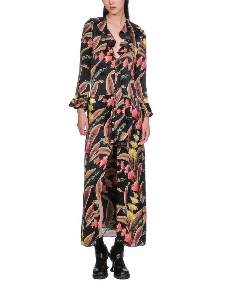 Anna Sui Feather Fern Ruffle Tie Dress in Black Multi
