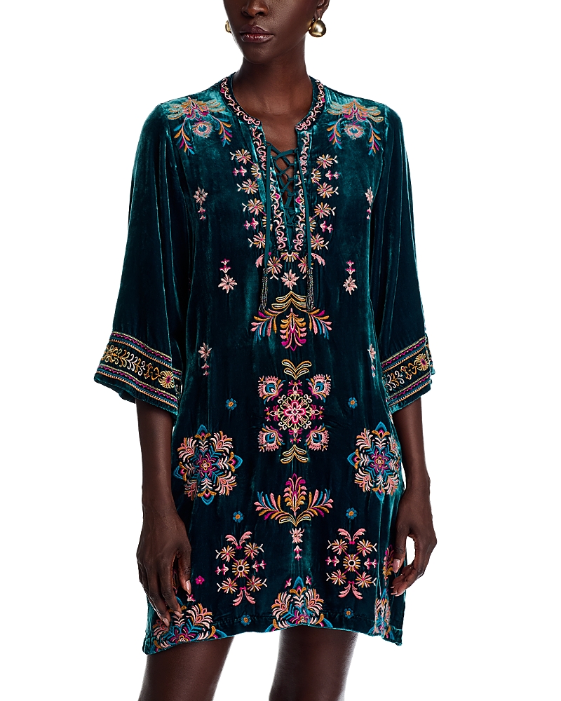 Johnny Was Embroidered Lace-up Velvet Mini Dress In Blue