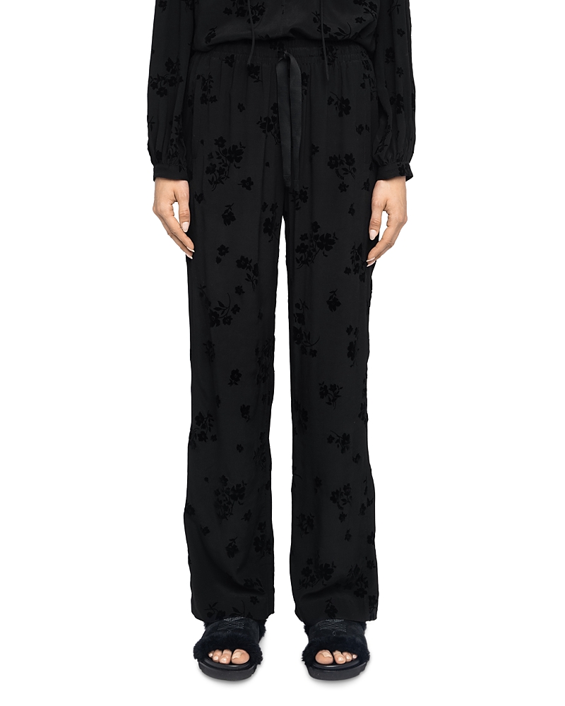 Zadig & Voltaire Poma Floral Satin Drawstring Waist Pants In Black