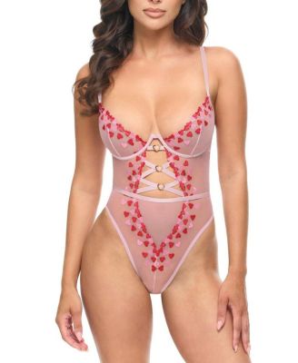 Sweety Sheer Heart Embroidered Teddy Bodysuit