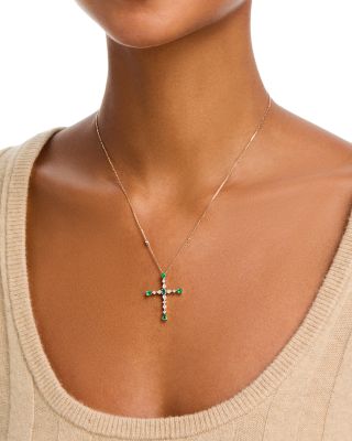 Emerald & Diamond Cross Pendant Necklace in 14K Yellow Gold